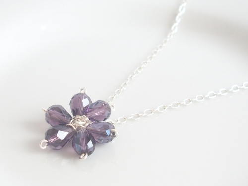 Purple Crystal Flower Pendant (Silver Plated)