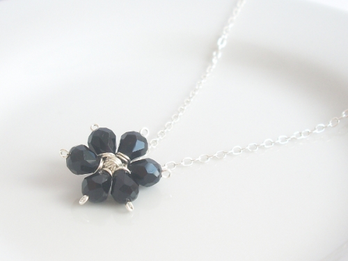 Black Crystal Flower Pendant (Silver Plated)