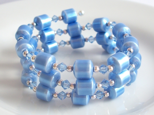 Cobalt Blue Magnetic Hematite Wrap Bracelet with Light Sapphire Swarovski Crystals ~ September Birthstone (Silver Plated)