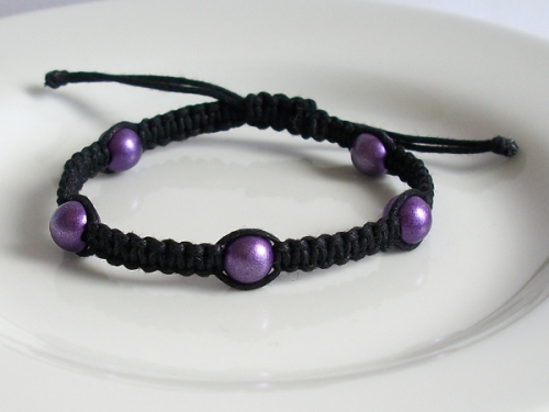 Black Macrame Bracelet with Purple Acrylic Pearl Beads