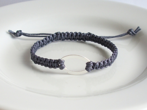 Grey Macrame Bracelet with Oval Silver Plated Ring
